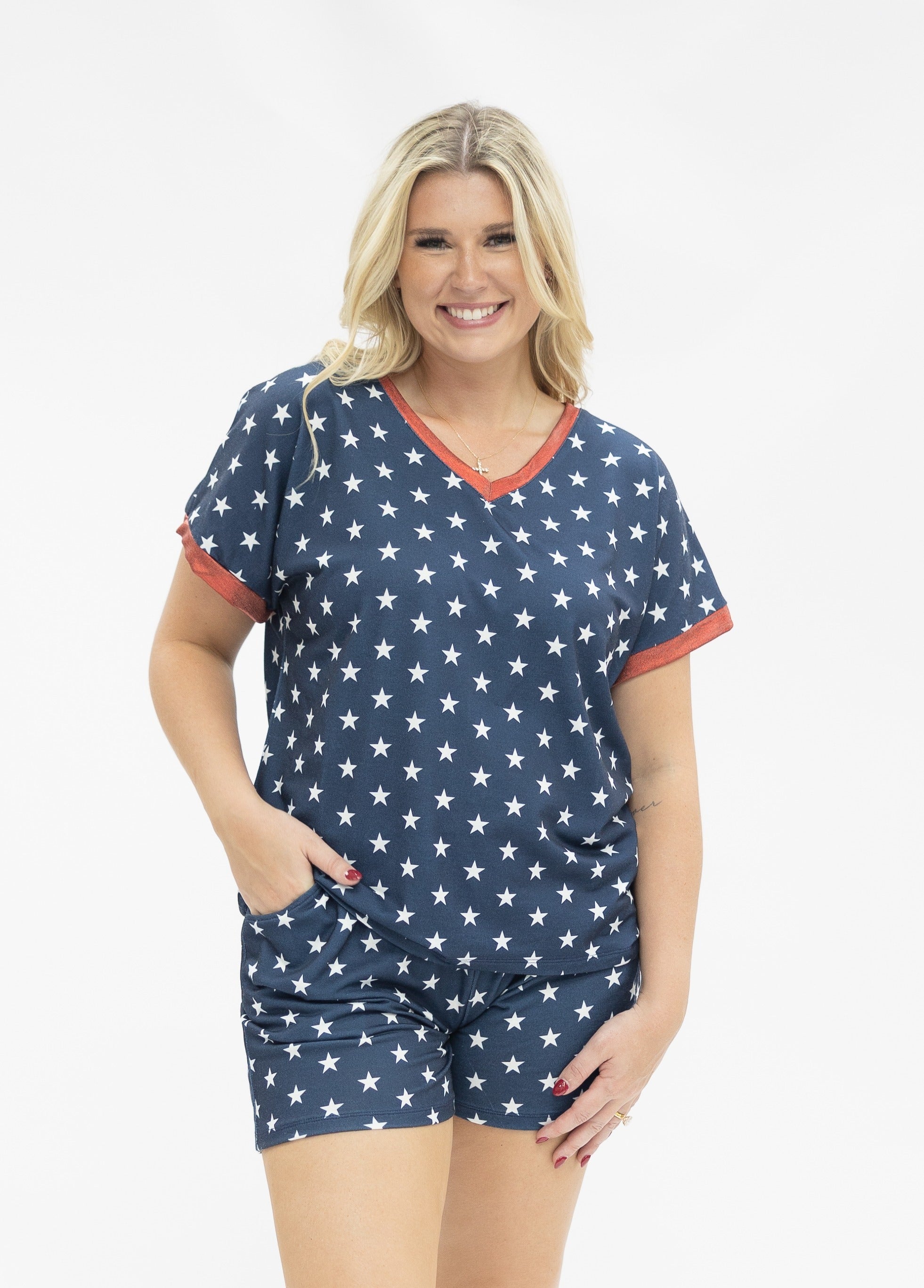 Blue and White Stars V-Neck Top